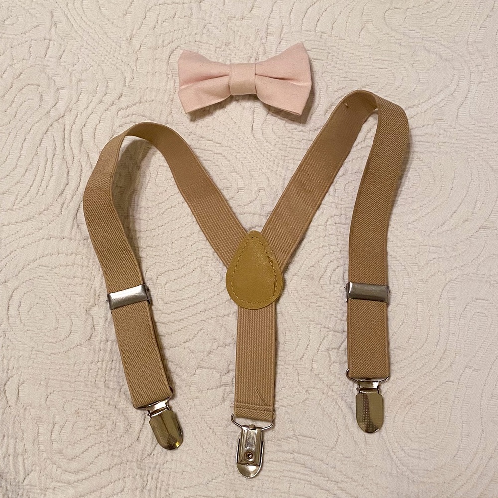 Tan Infant Suspenders w/ Blush Clip-On Bowtie
